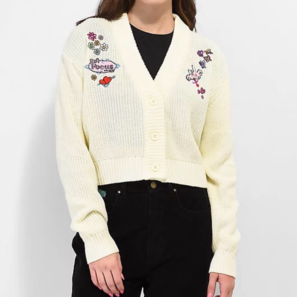 Chunky Knit Cropped Cardigan Sz L Happy Bunny Oversized Y2K Indie Sleeze Kidcore